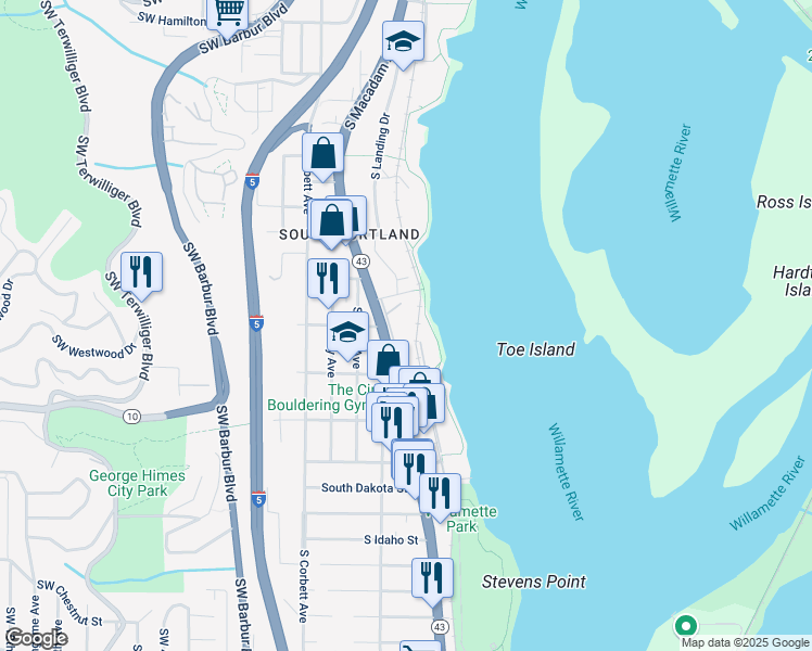 map of restaurants, bars, coffee shops, grocery stores, and more near 5606 South Riverside Lane in Portland