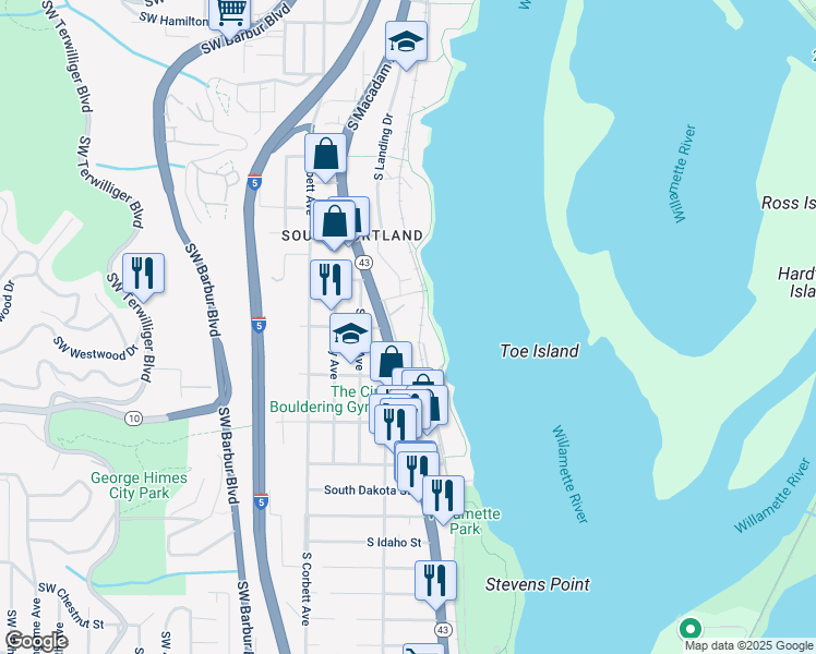 map of restaurants, bars, coffee shops, grocery stores, and more near 5606 South Riverside Lane in Portland