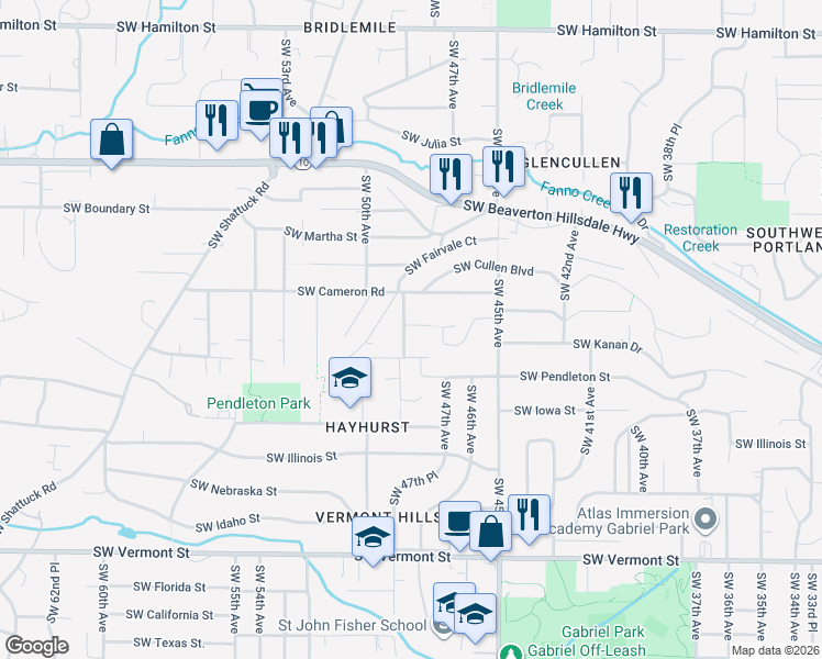 map of restaurants, bars, coffee shops, grocery stores, and more near 5705 Southwest 48th Avenue in Portland