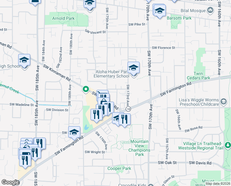 map of restaurants, bars, coffee shops, grocery stores, and more near 17385 Southwest Chris Street in Beaverton