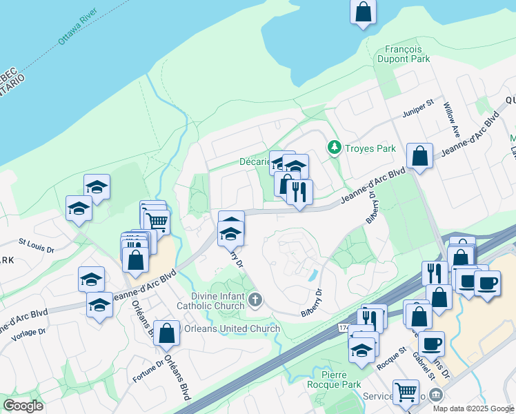 map of restaurants, bars, coffee shops, grocery stores, and more near 1127 Avignon Court in Ottawa