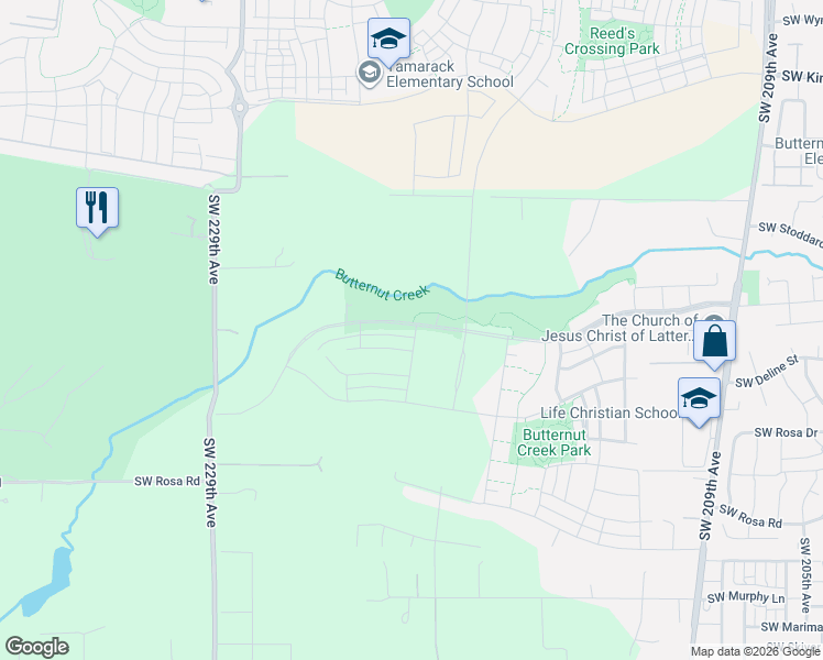 map of restaurants, bars, coffee shops, grocery stores, and more near 5496 Southwest 229th Avenue in Beaverton