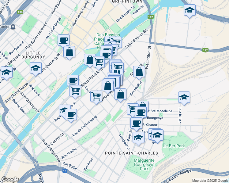 map of restaurants, bars, coffee shops, grocery stores, and more near 1886 Rue Centre in Montréal