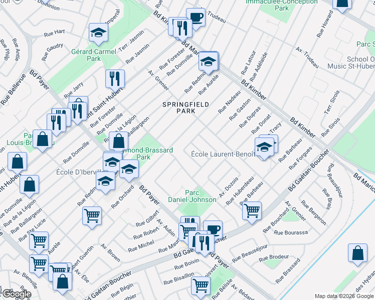 map of restaurants, bars, coffee shops, grocery stores, and more near 4535 Rue Nadeau in Longueuil