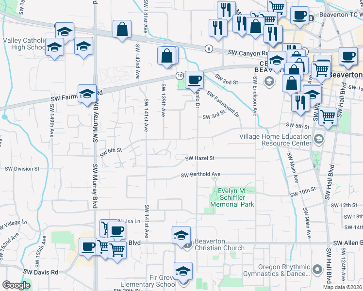 map of restaurants, bars, coffee shops, grocery stores, and more near 13720 Southwest 6th Street in Beaverton