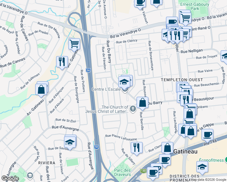 map of restaurants, bars, coffee shops, grocery stores, and more near Rue de Matane in Gatineau