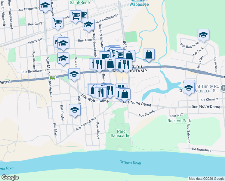 map of restaurants, bars, coffee shops, grocery stores, and more near 152 Rue Harold in Gatineau
