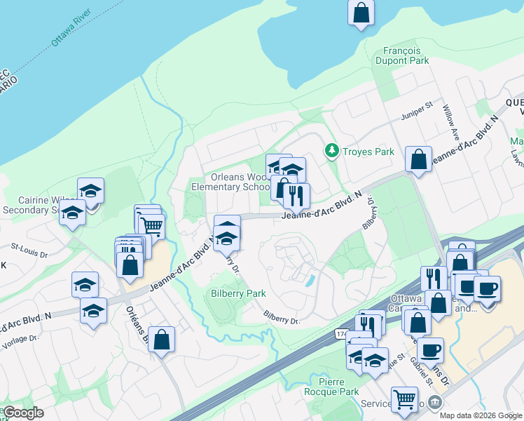 map of restaurants, bars, coffee shops, grocery stores, and more near 7843 Jeanne d'Arc Boulevard North in Ottawa