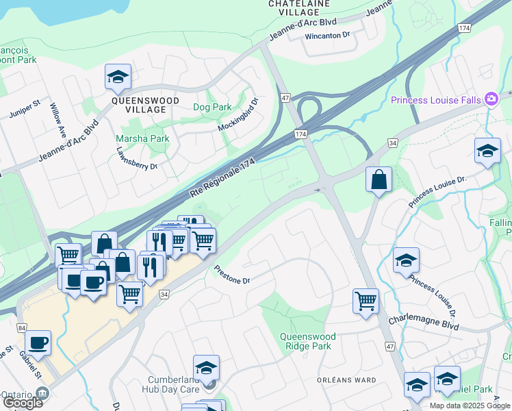 map of restaurants, bars, coffee shops, grocery stores, and more near 3217 Saint Joseph Boulevard in Ottawa