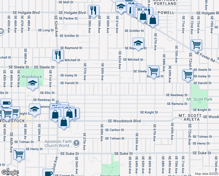 map of restaurants, bars, coffee shops, grocery stores, and more near 5519 Southeast 61st Avenue in Portland