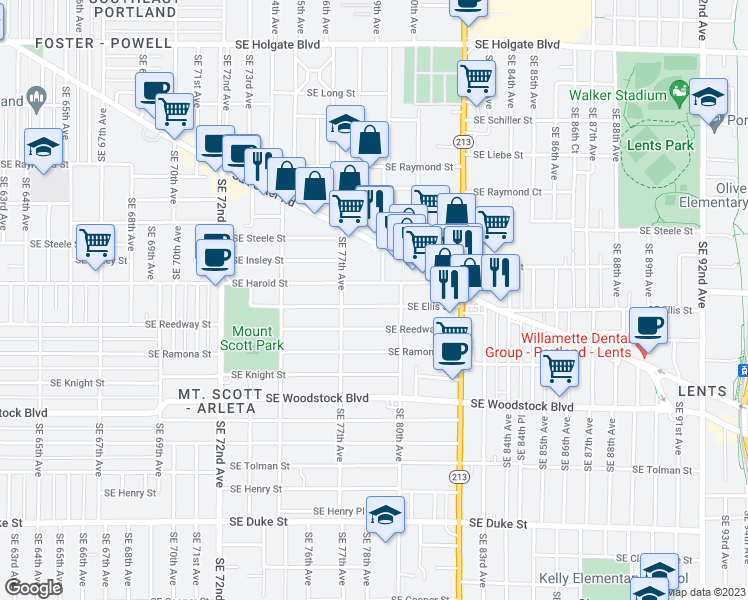 map of restaurants, bars, coffee shops, grocery stores, and more near 7817 Southeast Ellis Street in Portland