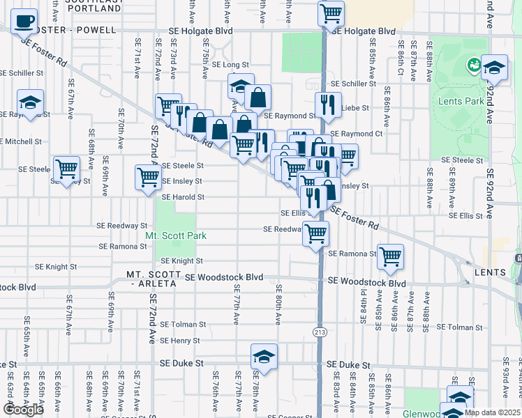 map of restaurants, bars, coffee shops, grocery stores, and more near 7817 Southeast Ellis Street in Portland