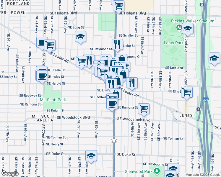 map of restaurants, bars, coffee shops, grocery stores, and more near 8064 Southeast Harold Street in Portland