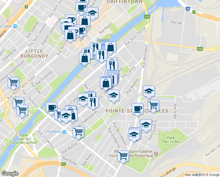 map of restaurants, bars, coffee shops, grocery stores, and more near 1906 Rue Centre in Montreal