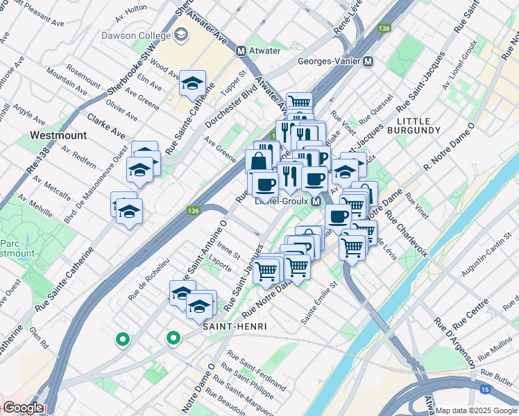 map of restaurants, bars, coffee shops, grocery stores, and more near 815 Rue Bel Air in Montréal