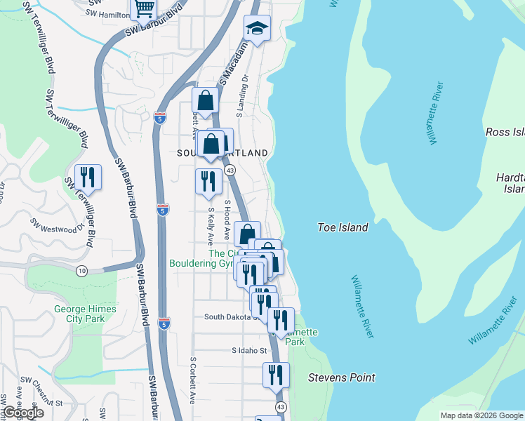 map of restaurants, bars, coffee shops, grocery stores, and more near 5630 Southwest Riverside Lane in Portland