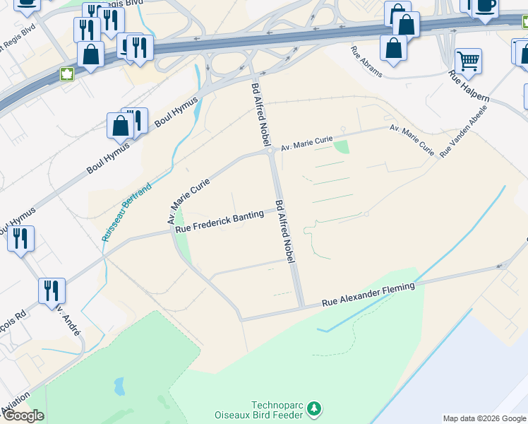map of restaurants, bars, coffee shops, grocery stores, and more near 7170 Rue Frederick Banting in Montreal