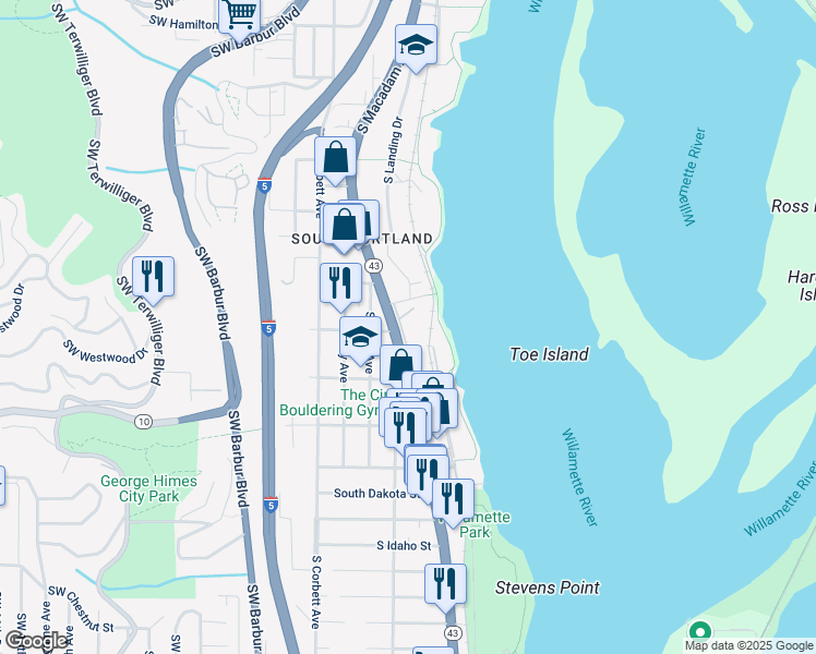 map of restaurants, bars, coffee shops, grocery stores, and more near 5606 South Riverside Lane in Portland