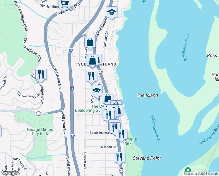 map of restaurants, bars, coffee shops, grocery stores, and more near 5630 Southwest Riverside Lane in Portland