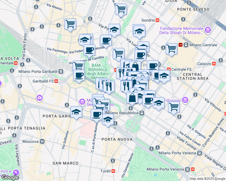 map of restaurants, bars, coffee shops, grocery stores, and more near 18 Viale della Liberazione in Milan