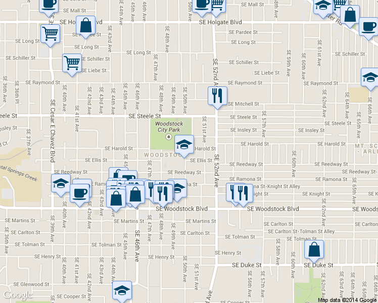 map of restaurants, bars, coffee shops, grocery stores, and more near 5012 Southeast Harold Street in Portland