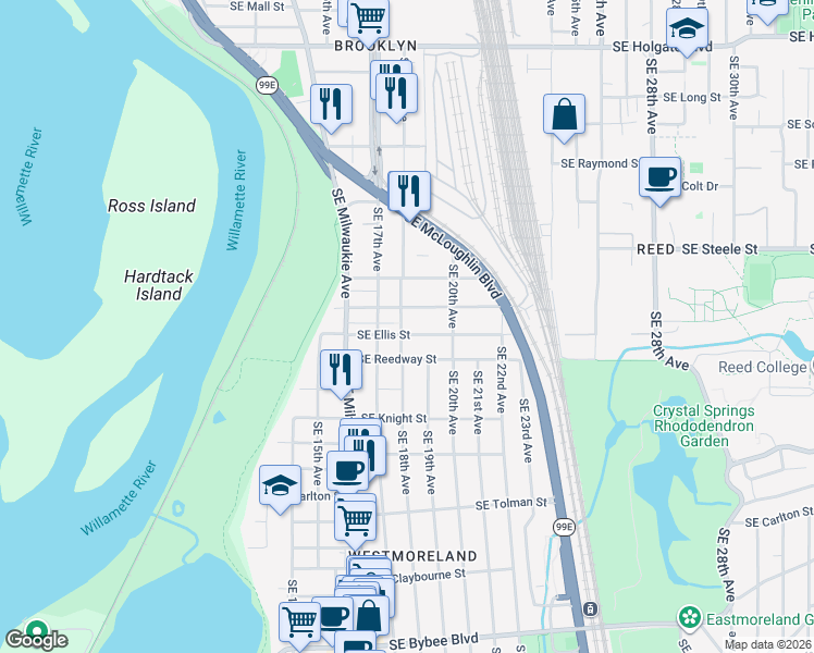 map of restaurants, bars, coffee shops, grocery stores, and more near 5536 Southeast 18th Avenue in Portland