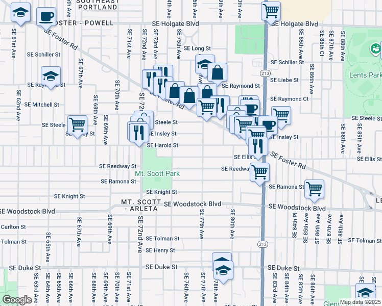 map of restaurants, bars, coffee shops, grocery stores, and more near 7620 Southeast Harold Street in Portland