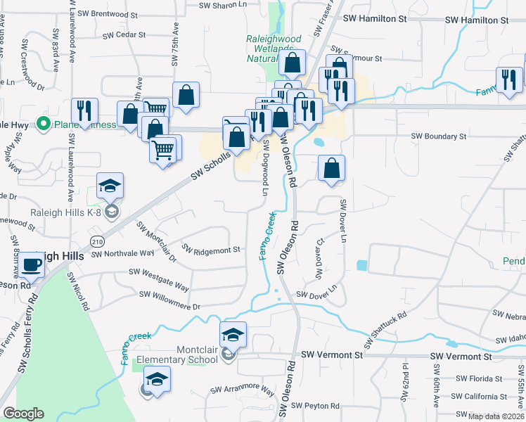 map of restaurants, bars, coffee shops, grocery stores, and more near 5165 Southwest Dogwood Lane in Portland