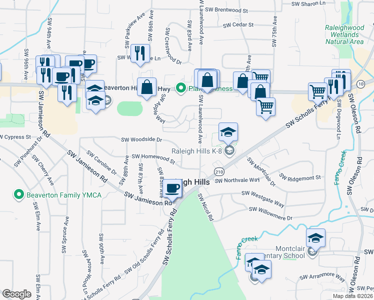 map of restaurants, bars, coffee shops, grocery stores, and more near 5135 Southwest Laurelwood Avenue in Portland