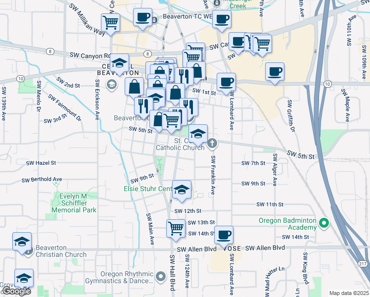 map of restaurants, bars, coffee shops, grocery stores, and more near 5025 Southwest Hall Boulevard in Beaverton