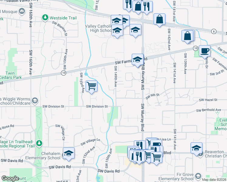 map of restaurants, bars, coffee shops, grocery stores, and more near 14983 Southwest Tracy Ann Court in Beaverton