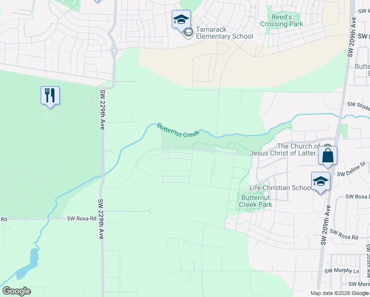 map of restaurants, bars, coffee shops, grocery stores, and more near 5496 Southwest 229th Avenue in Beaverton