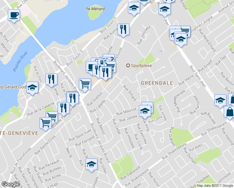 map of restaurants, bars, coffee shops, grocery stores, and more near 14851 Rue Rideau in Montréal