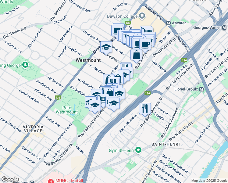 map of restaurants, bars, coffee shops, grocery stores, and more near 200 Avenue Kensington in Westmount