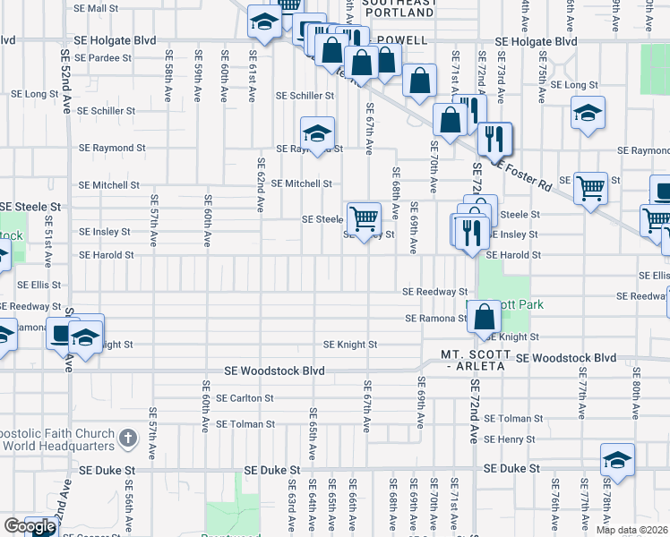 map of restaurants, bars, coffee shops, grocery stores, and more near 6516 Southeast Harold Street in Portland