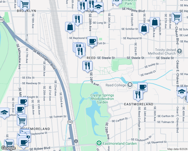 map of restaurants, bars, coffee shops, grocery stores, and more near 5422 Southeast 28th Avenue in Portland