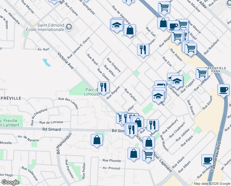 map of restaurants, bars, coffee shops, grocery stores, and more near 49 Rue Regent in Longueuil