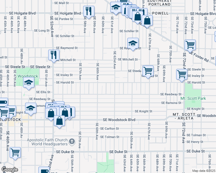 map of restaurants, bars, coffee shops, grocery stores, and more near 5506 Southeast 61st Avenue in Portland