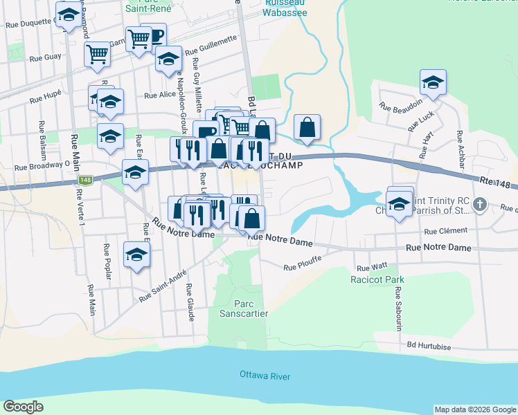 map of restaurants, bars, coffee shops, grocery stores, and more near 151 Boulevard Labrosse in Gatineau