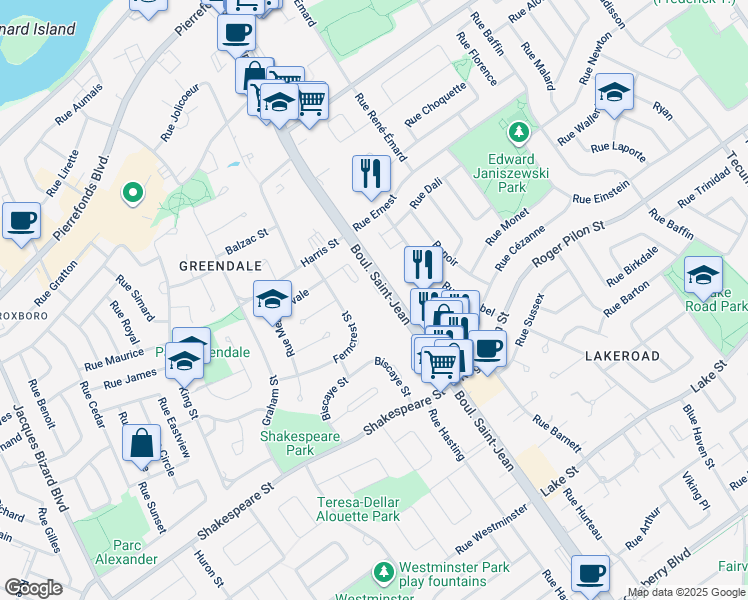 map of restaurants, bars, coffee shops, grocery stores, and more near in Dollard-Des Ormeaux