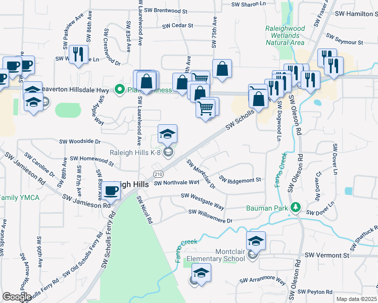map of restaurants, bars, coffee shops, grocery stores, and more near 5145 Oregon 210 in Portland