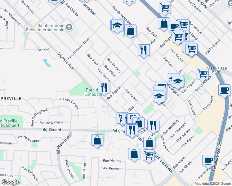 map of restaurants, bars, coffee shops, grocery stores, and more near 49 Rue Regent in Longueuil