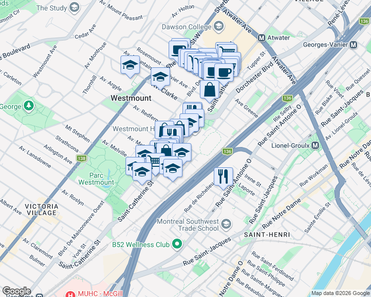 map of restaurants, bars, coffee shops, grocery stores, and more near 4400 Rue Sainte-Catherine Ouest in Westmount