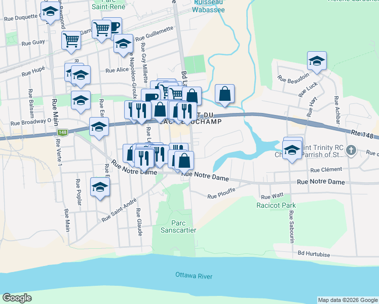 map of restaurants, bars, coffee shops, grocery stores, and more near 151 Boulevard Labrosse in Gatineau