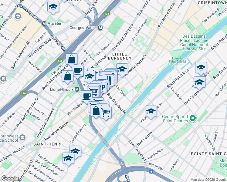 map of restaurants, bars, coffee shops, grocery stores, and more near in Montreal