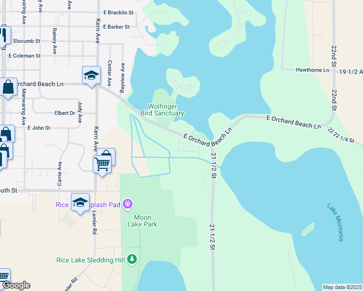 map of restaurants, bars, coffee shops, grocery stores, and more near 1230 East Orchard Beach Lane in Rice Lake
