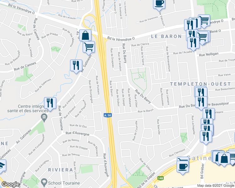 map of restaurants, bars, coffee shops, grocery stores, and more near 33 Rue de Dubuc in Gatineau