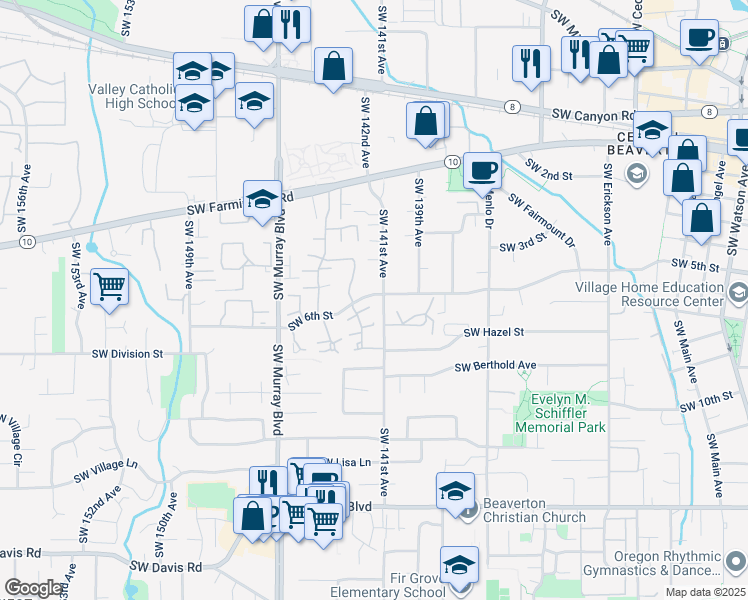 map of restaurants, bars, coffee shops, grocery stores, and more near 5090 Southwest 141st Avenue in Beaverton