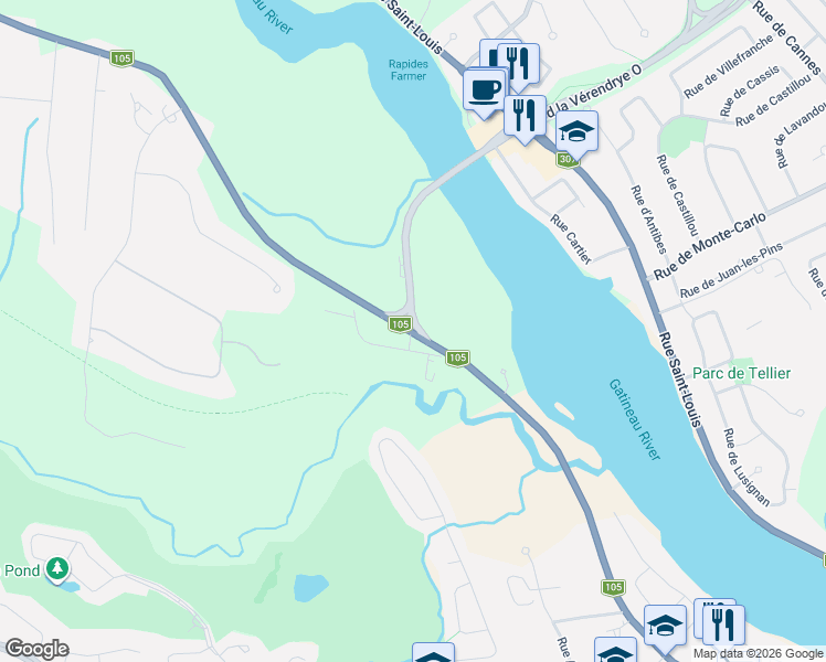 map of restaurants, bars, coffee shops, grocery stores, and more near Route 105 in Chelsea