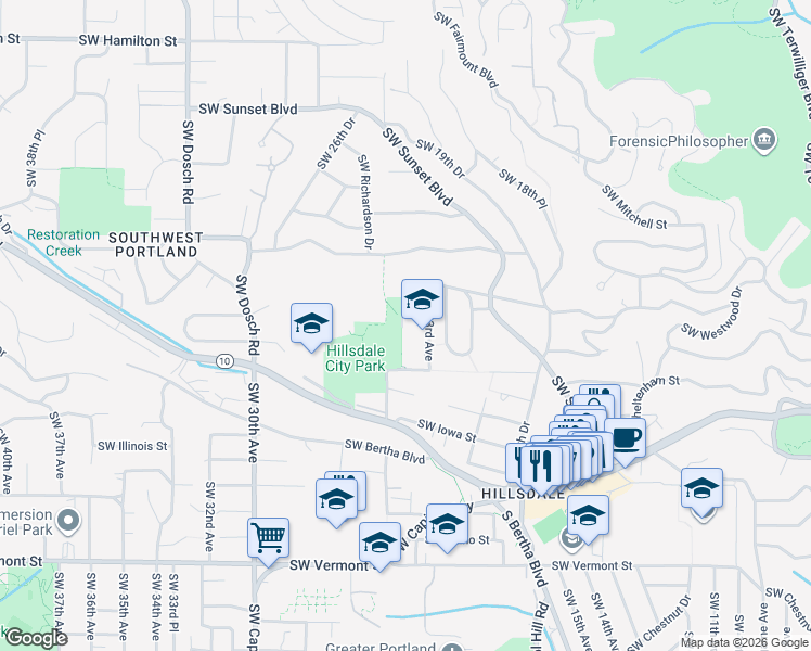 map of restaurants, bars, coffee shops, grocery stores, and more near 5505 Southwest 23rd Avenue in Portland